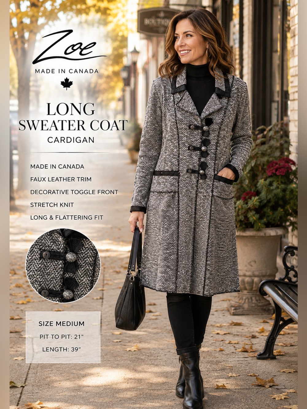 Zoe Made in Canada Long Sweater Coat Cardigan | Faux Leather Trim | Toggle Front